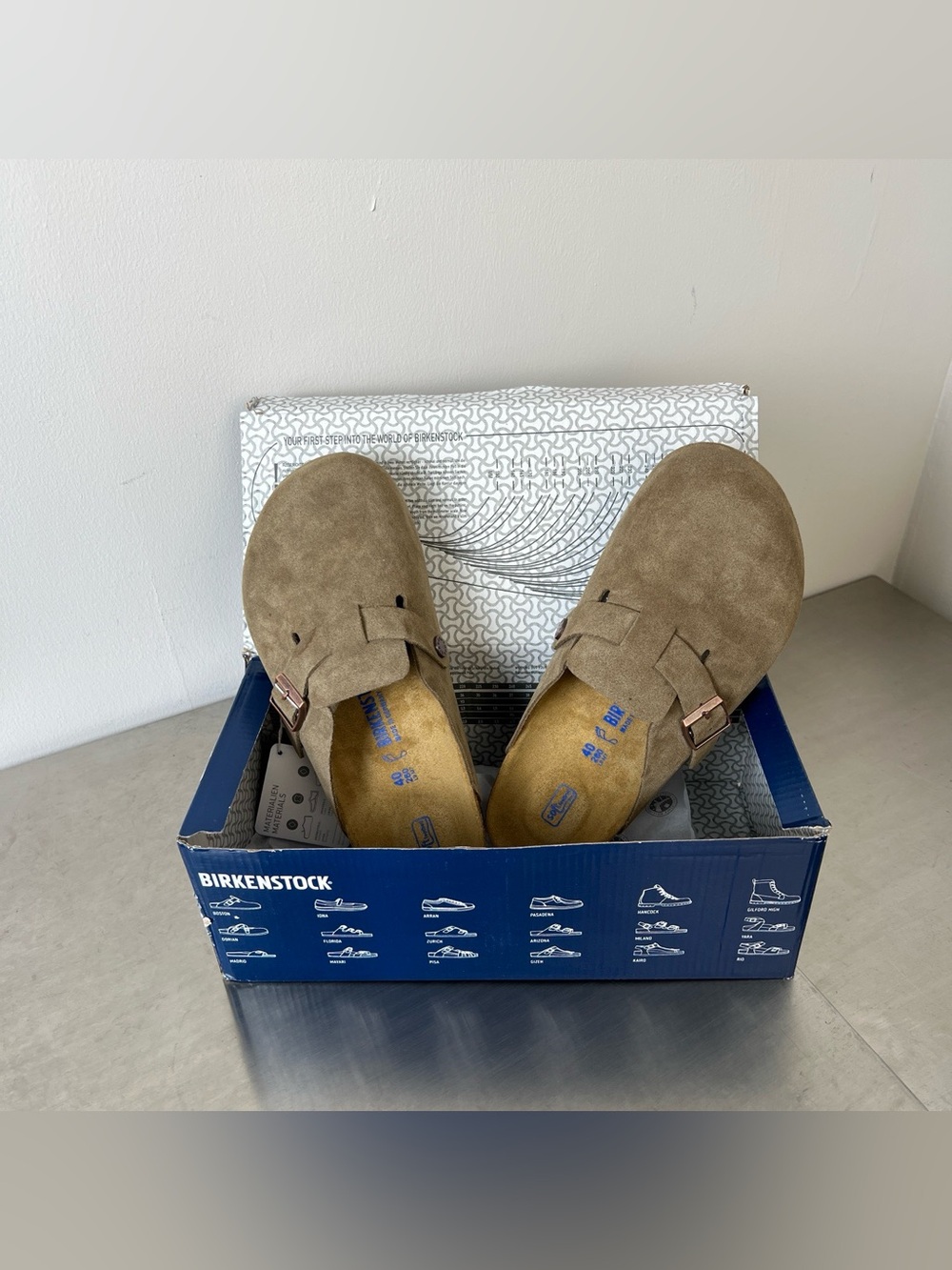 BIRKENSTOCK Boston taupe suede mule clogs